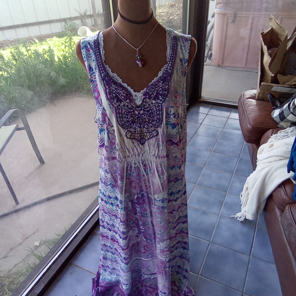 OneWorld Purple and Blue Sleeveless Boho Dress, Women's Size XL